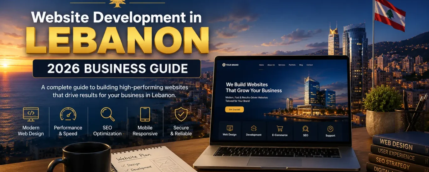 Website development in Lebanon 2026 business guide showing a modern web design workspace and Beirut city skyline