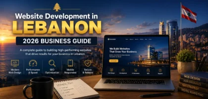 Website development in Lebanon 2026 business guide showing a modern web design workspace and Beirut city skyline