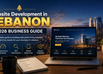 Website development in Lebanon 2026 business guide showing a modern web design workspace and Beirut city skyline