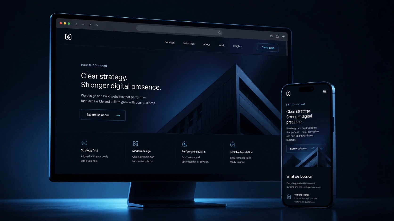 Responsive business website design shown on desktop and mobile