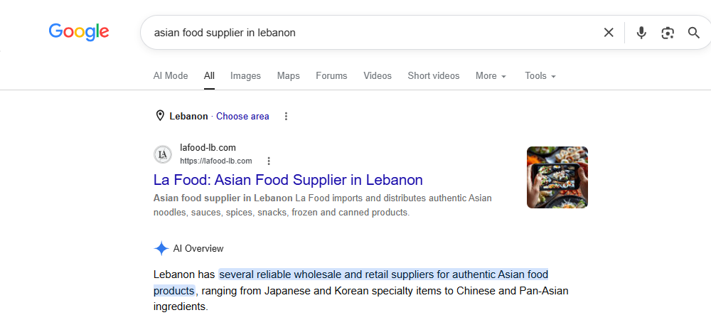 Google search for Asian food supplier in Lebanon showing LaFood as the first result