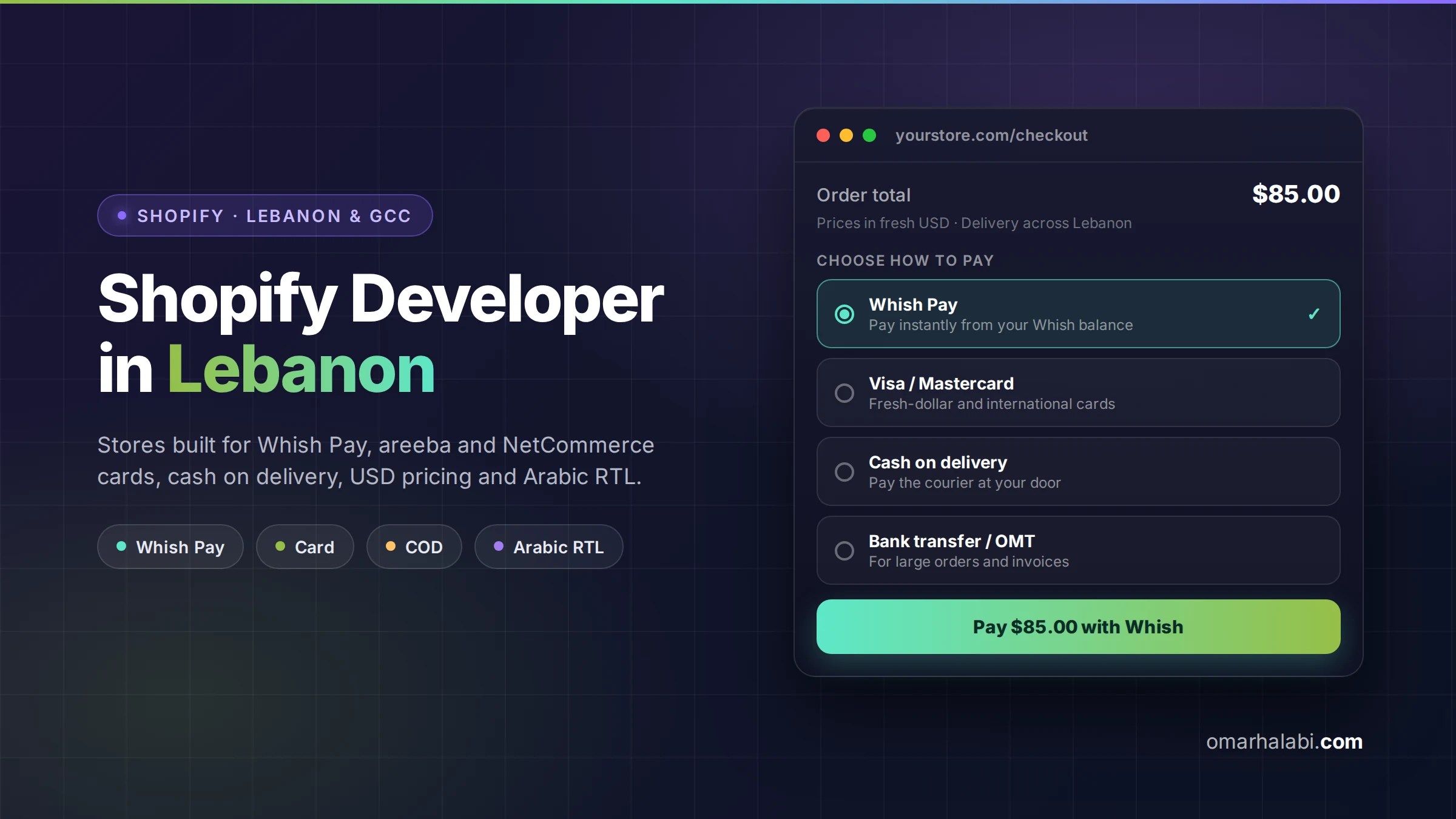 Shopify developer in Lebanon building stores with Whish Pay, cards and cash on delivery